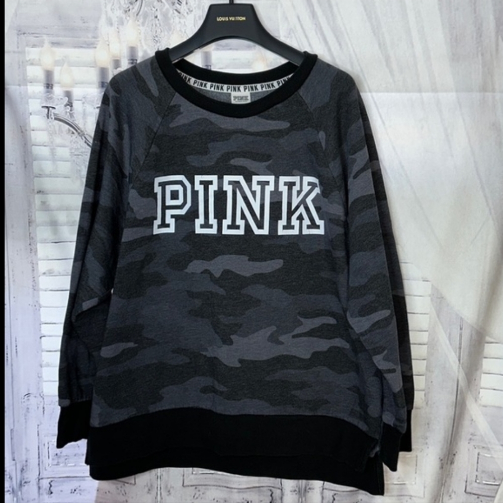 Pink grey camo pull over sweater
